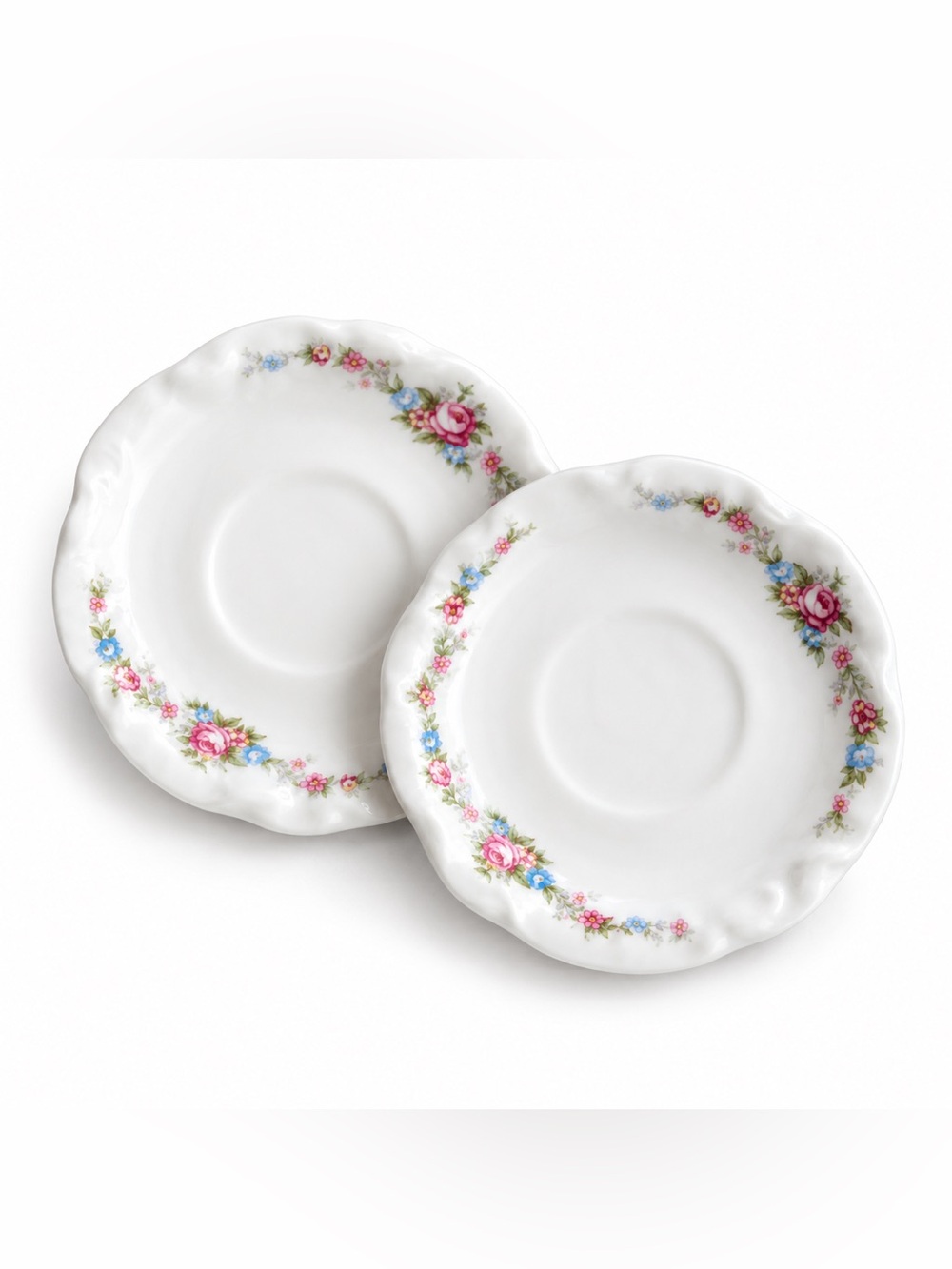 White Floral Porcelain Saucer Set with Pink and Blue Rose Pattern